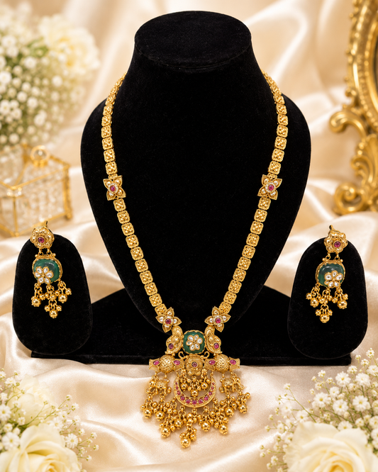 Antique Temple Peacock Pendant Necklace Set with Green Enamel & Ruby Accents for Women