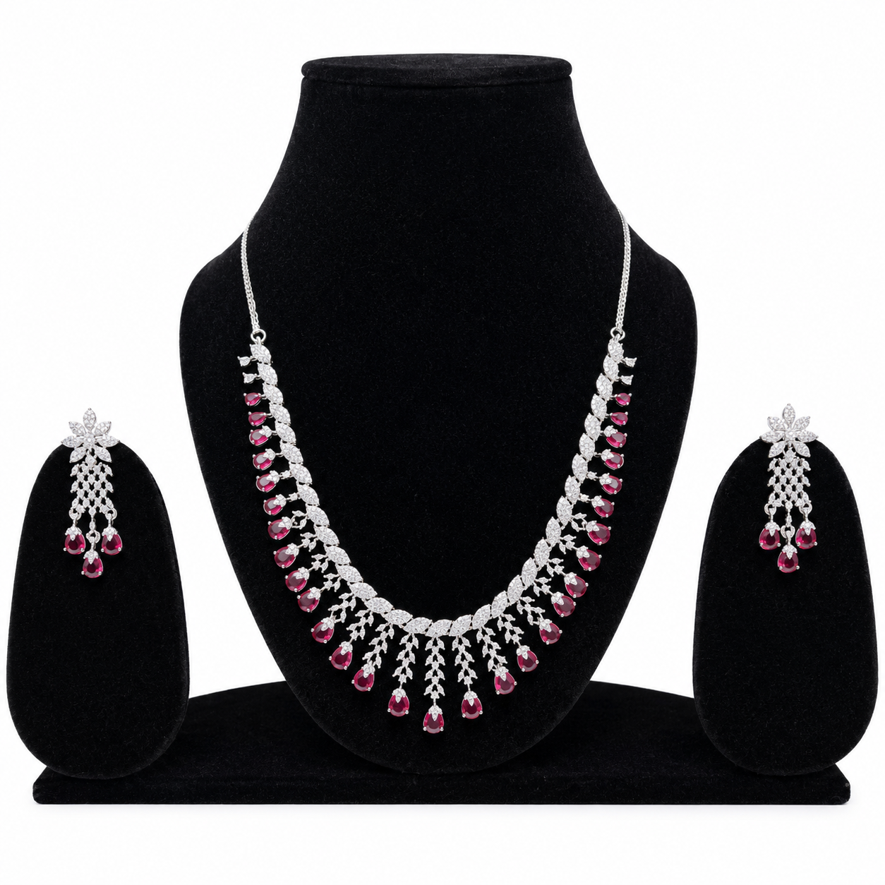 Ruby Red Crystal Necklace Set with Matching Drop Earrings for Women