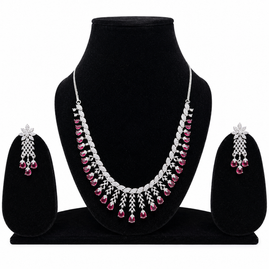 Ruby Red Crystal Necklace Set with Matching Drop Earrings for Women