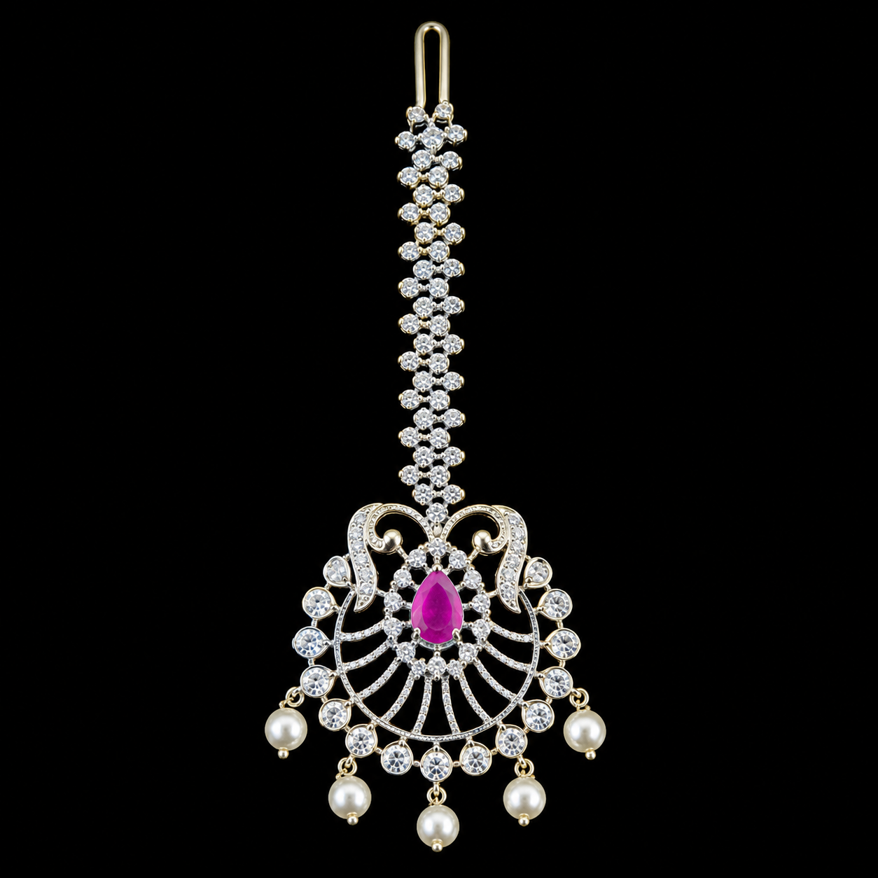 Bridal American Diamond Long Necklace Set with Maang Tikka & Jhumka Earrings for Women
