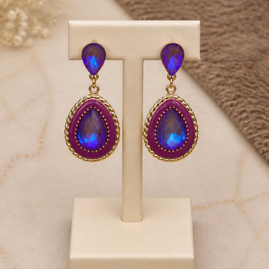 Royal Emerald Blue Teardrop Earrings for Women | Elegant Crystal Party Wear Earrings