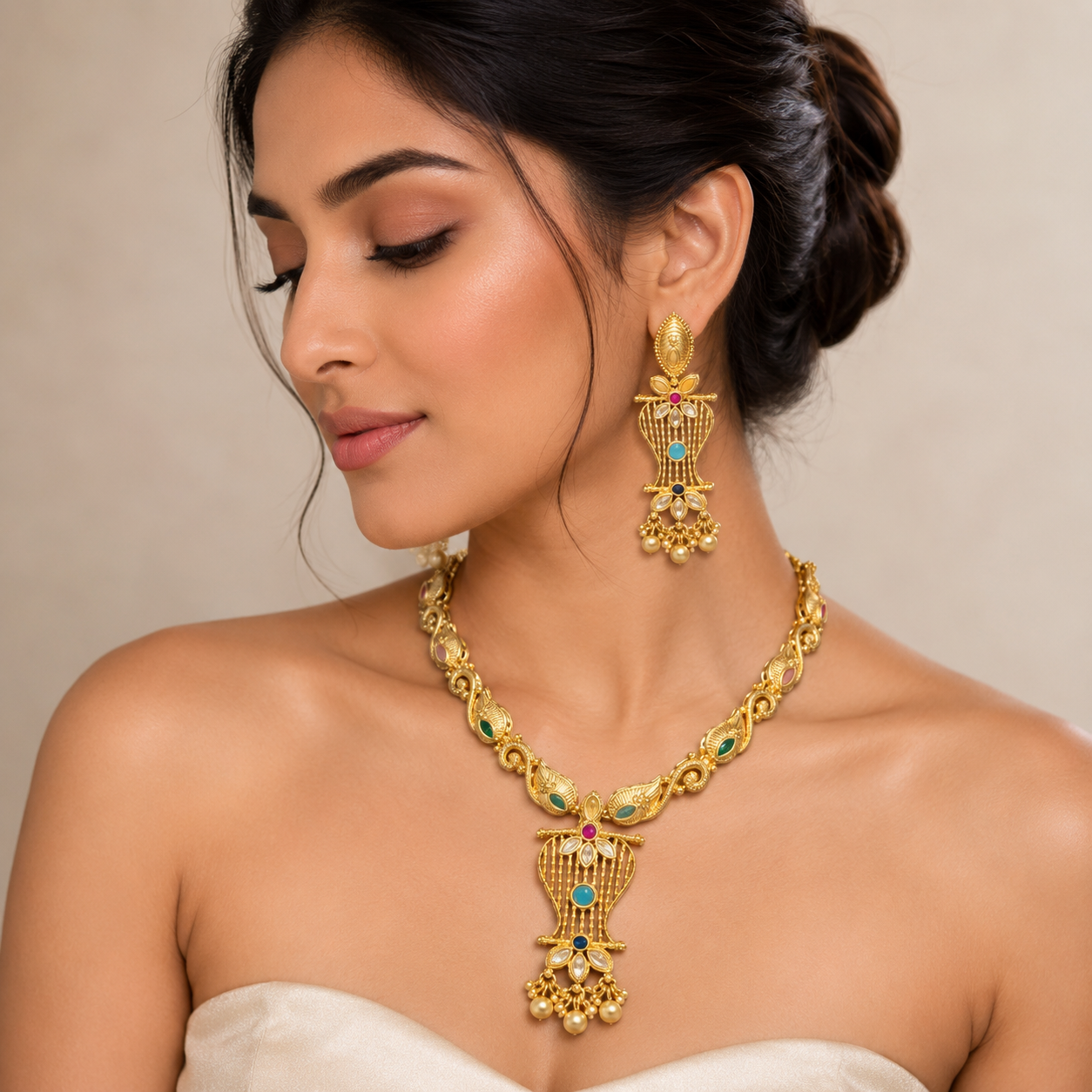 Traditional Gold-Tone Floral Pendant Necklace Set with Matching Earrings for Women