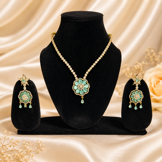 Designer Mint Green Necklace and Earrings Set for Women