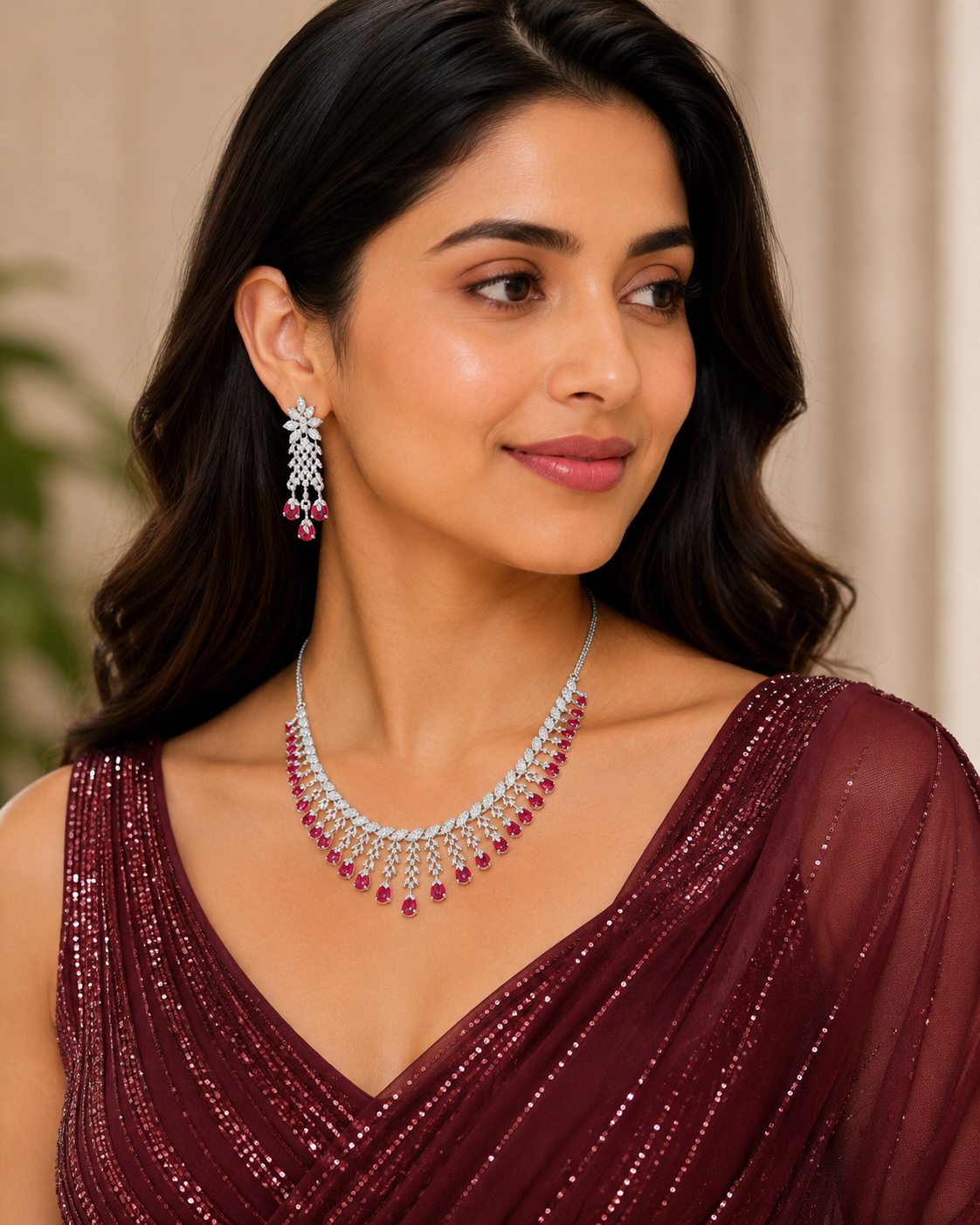 Ruby Red Crystal Necklace Set with Matching Drop Earrings for Women