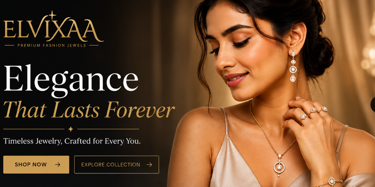 Advertisement for Elvixaa jewelry with a woman wearing earrings and a necklace.