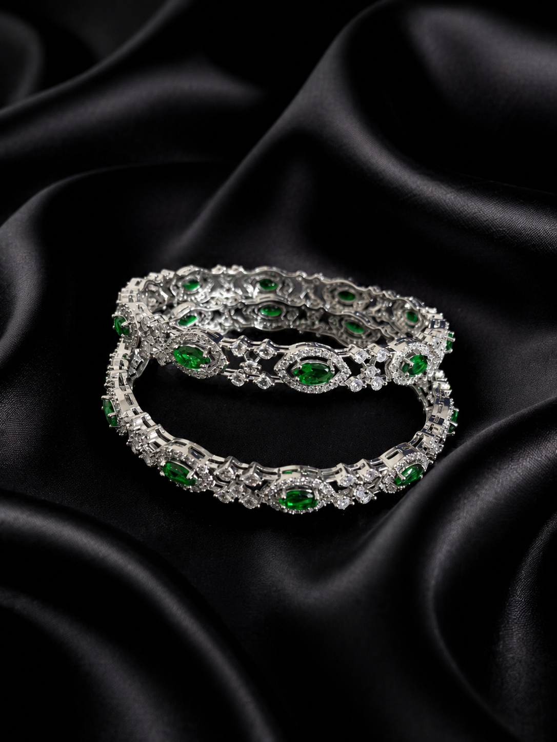 Elegant Green Stone Silver Finish Bangle Set for Women
