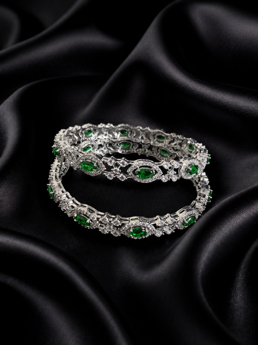 Elegant Green Stone Silver Finish Bangle Set for Women