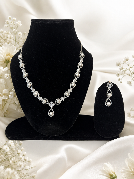 Elegant Pearl & Crystal Necklace Set with Matching Drop Earrings for Women