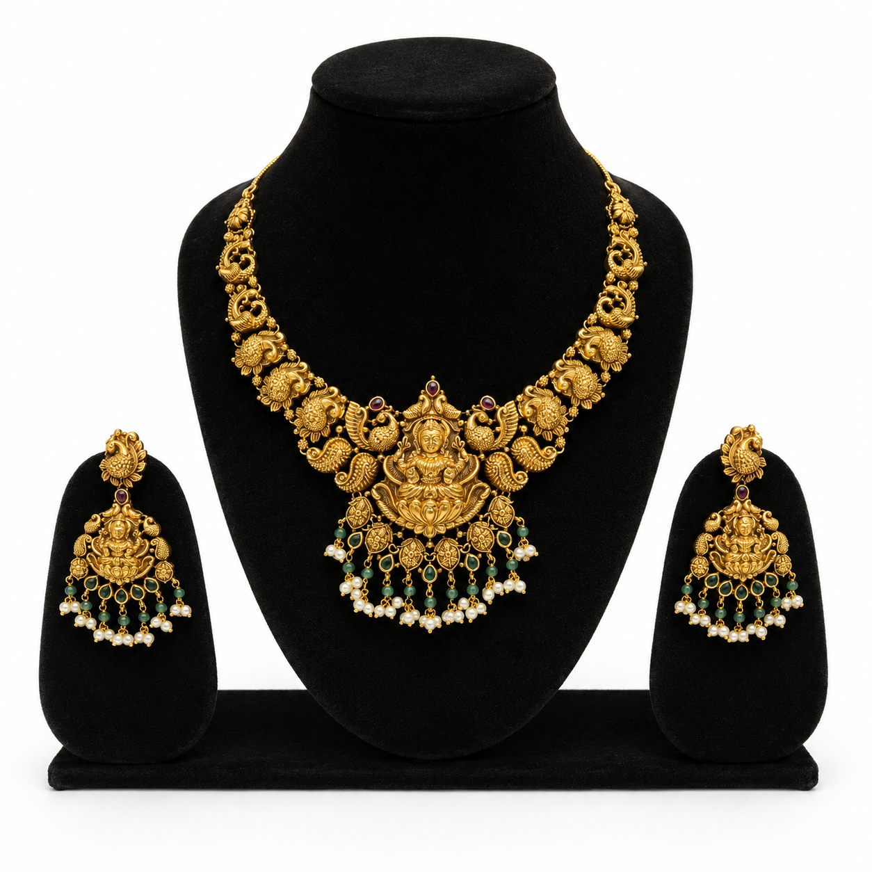 Traditional Lakshmi Temple Necklace Set with Green Beads for Women
