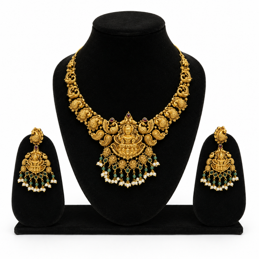 Traditional Lakshmi Temple Necklace Set with Green Beads for Women
