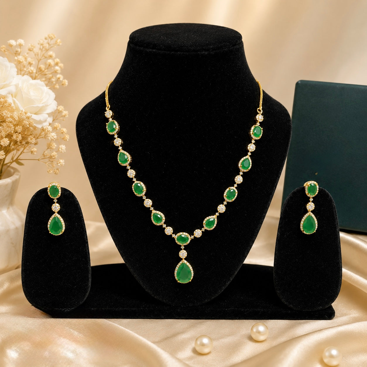 Emerald Green Teardrop Necklace Set with Matching Earrings for Women
