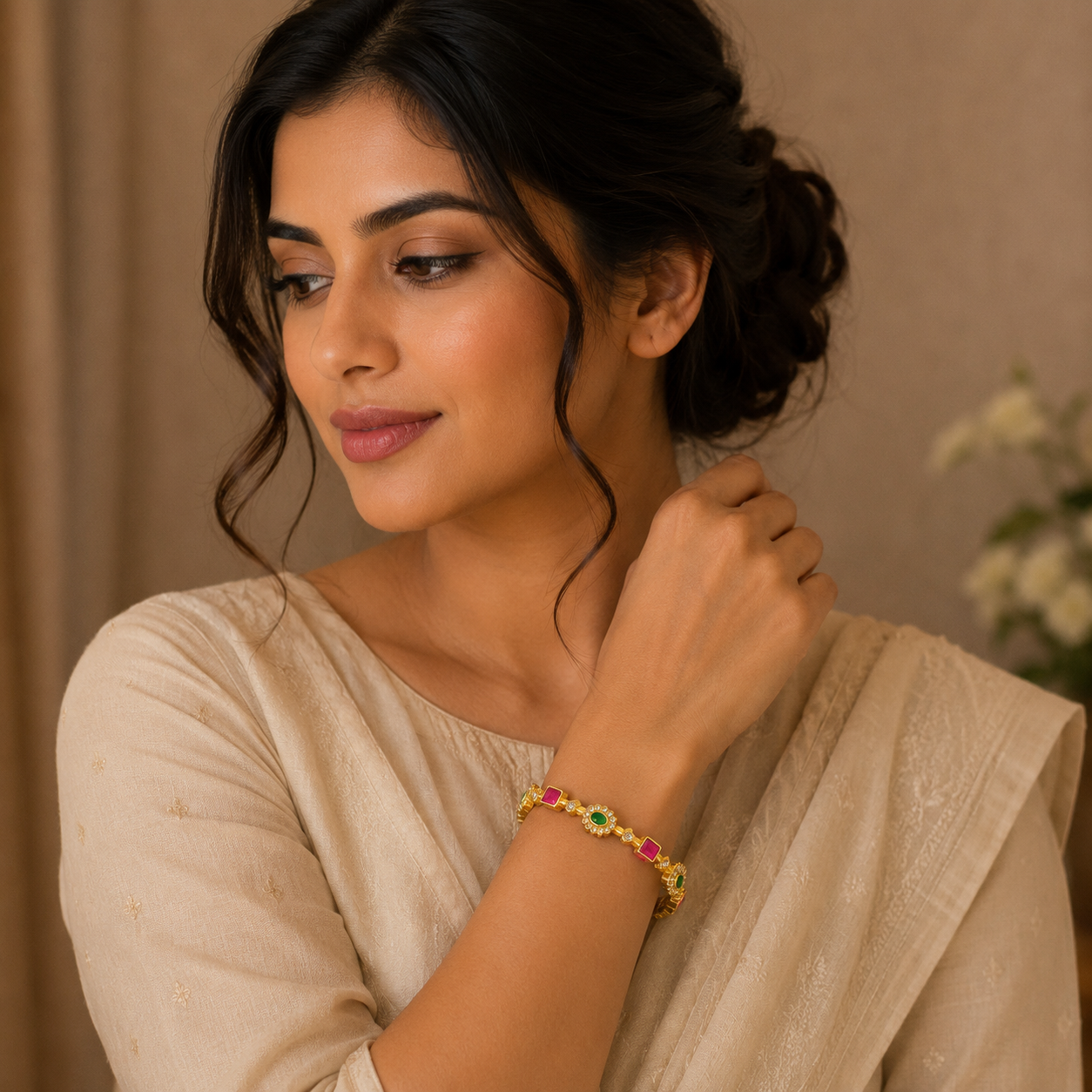 Traditional Green and Pink Stone Bangle Set for Women