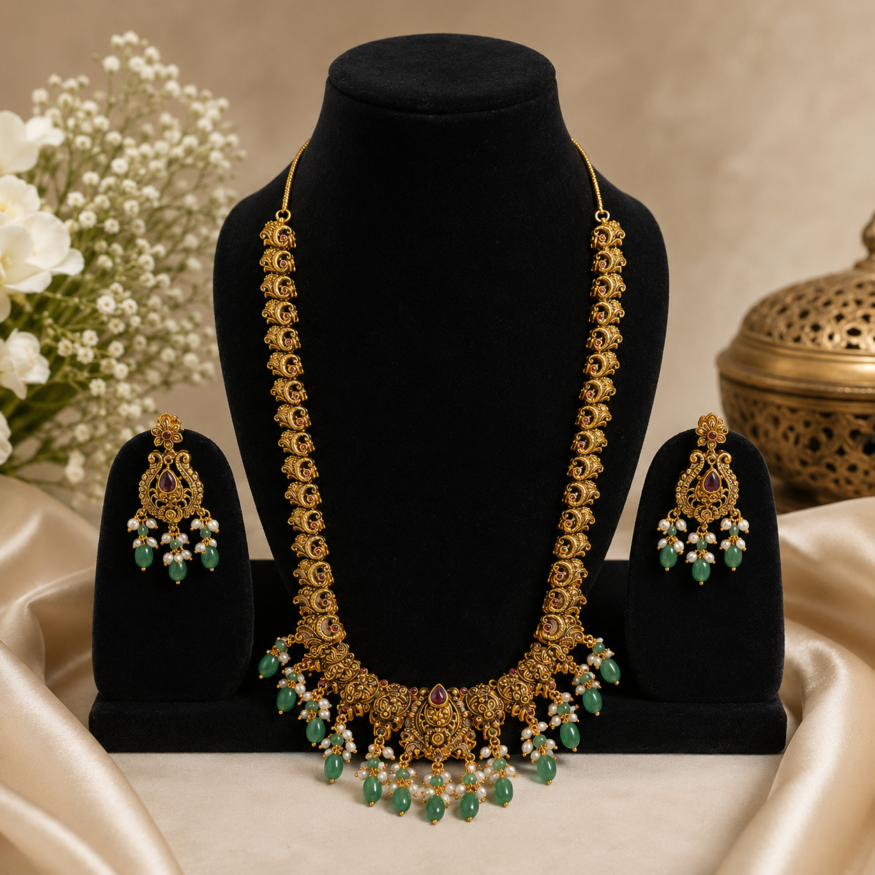 Antique Temple Jewelry Long Haram Necklace Set with Green Beads for Women
