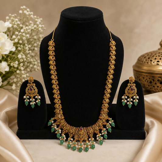 Antique Temple Jewelry Long Haram Necklace Set with Green Beads for Women