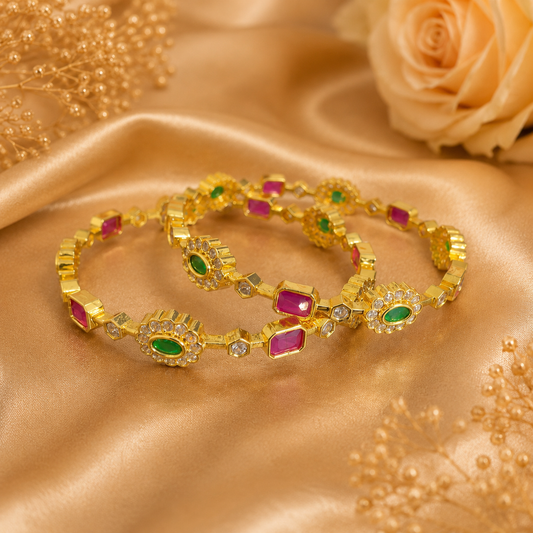 Traditional Green and Pink Stone Bangle Set for Women