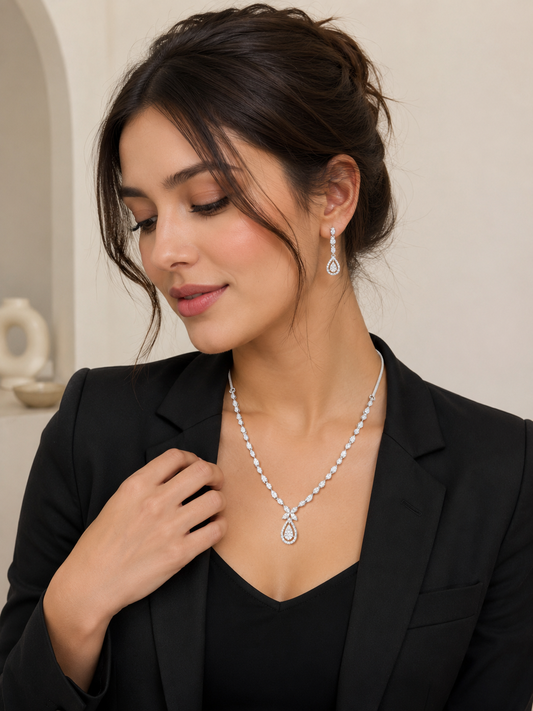 Elegant Solitaire Crystal Necklace Set with Matching Drop Earrings for Women