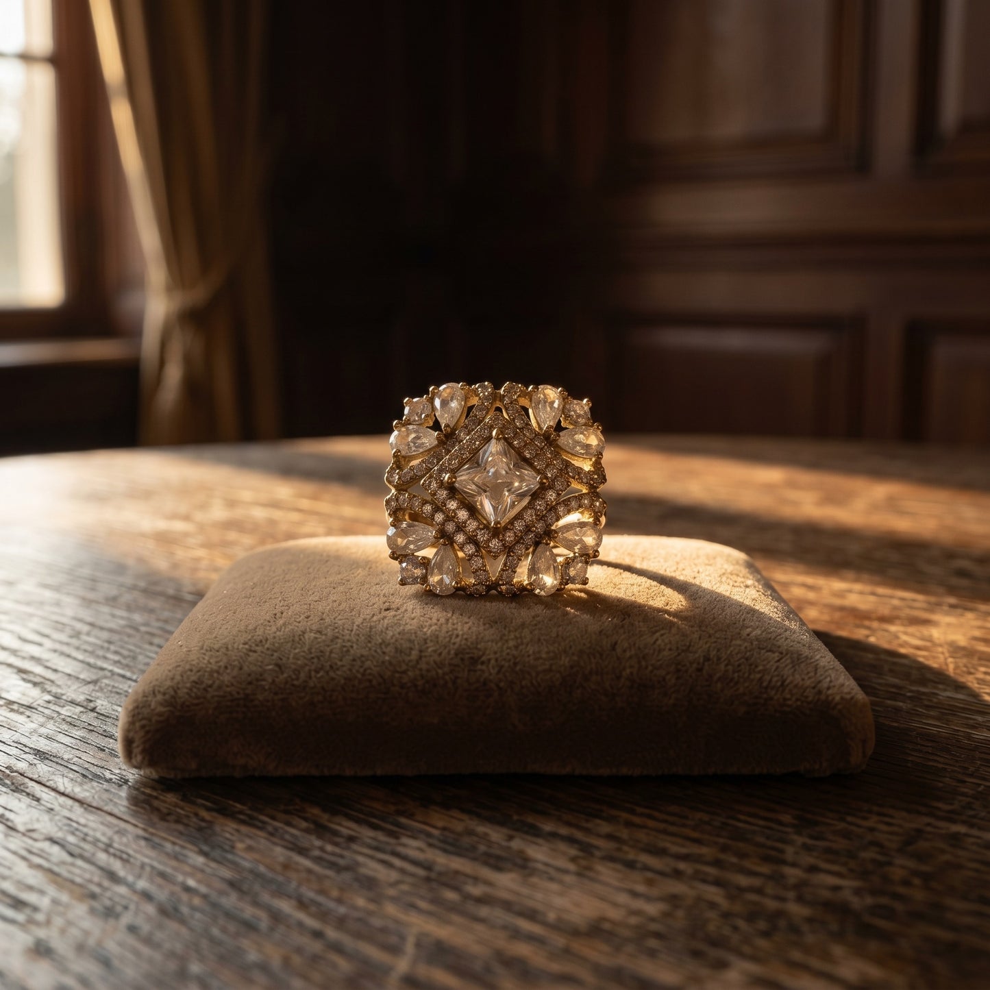 Antique Gold Crystal Statement Ring for Women | Vintage Party & Festive Jewelry
