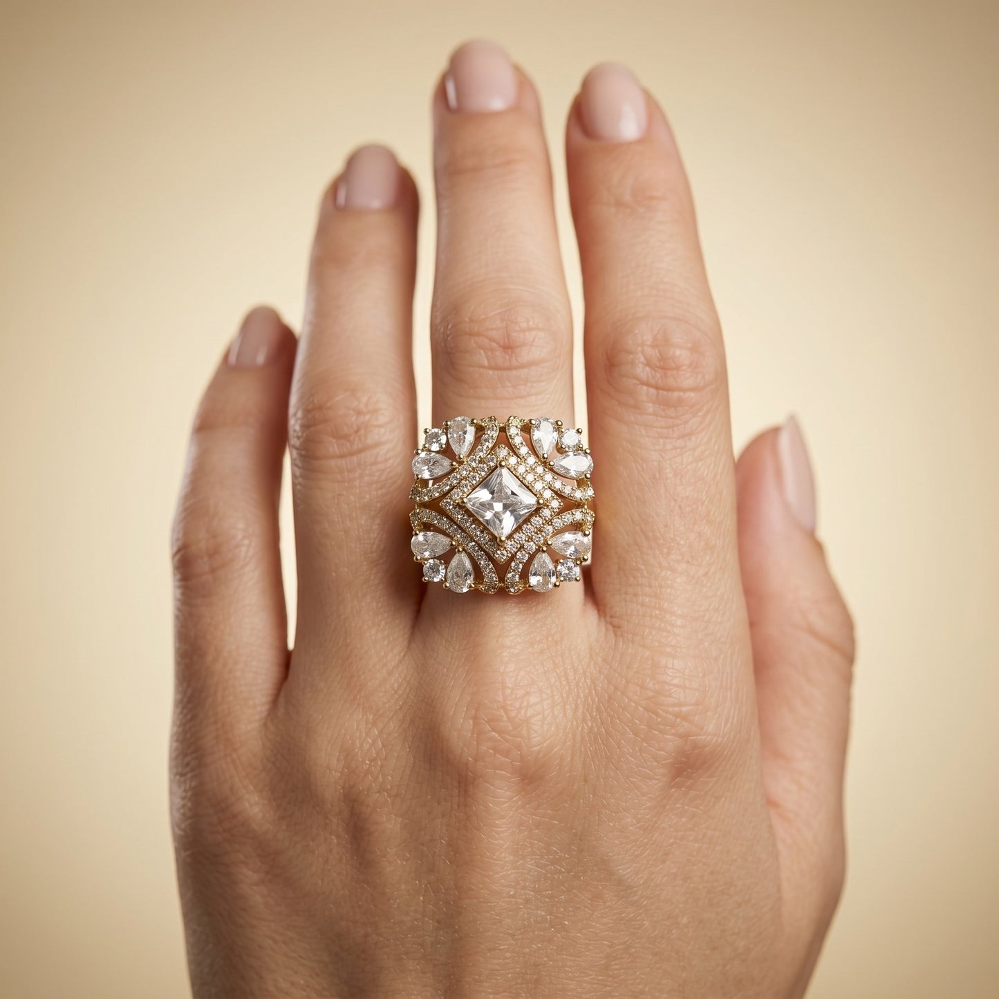 Antique Gold Crystal Statement Ring for Women | Vintage Party & Festive Jewelry