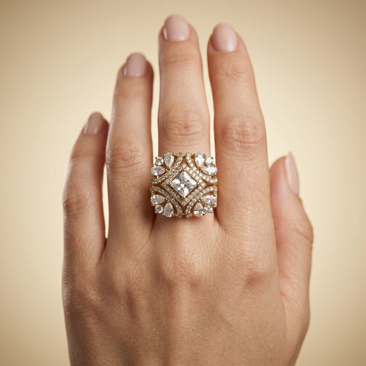 Antique Gold Crystal Statement Ring for Women | Vintage Party & Festive Jewelry