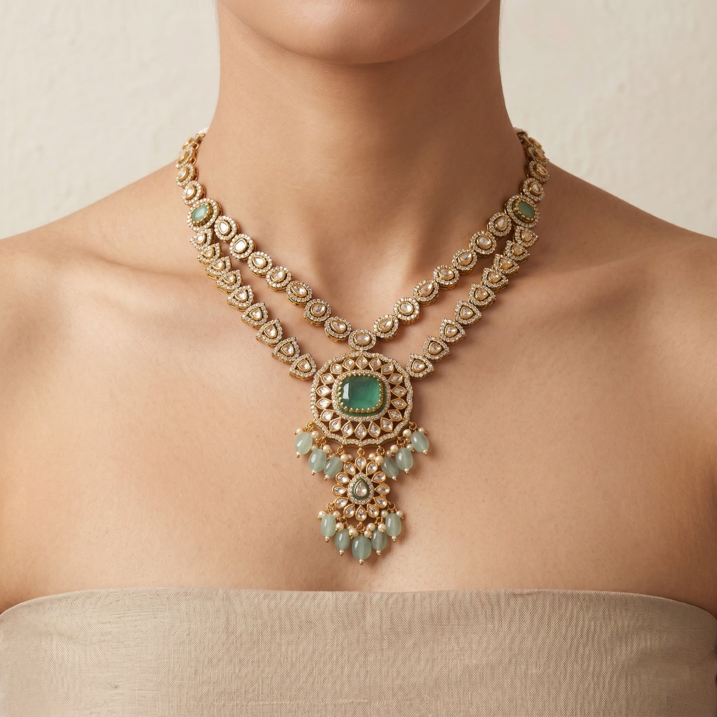 Emerald Royal Layered Necklace Set – Elegant Green Bridal Jewelry for Weddings & Festive Wear