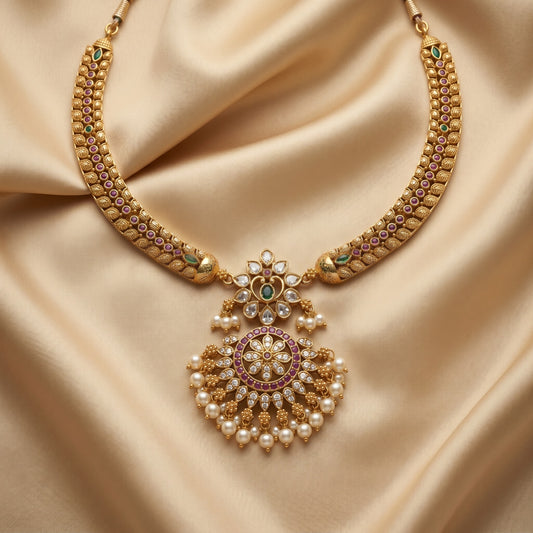 Temple Inspired Gold Pendant Necklace – Antique Heritage Jewelry for Weddings & Occasions