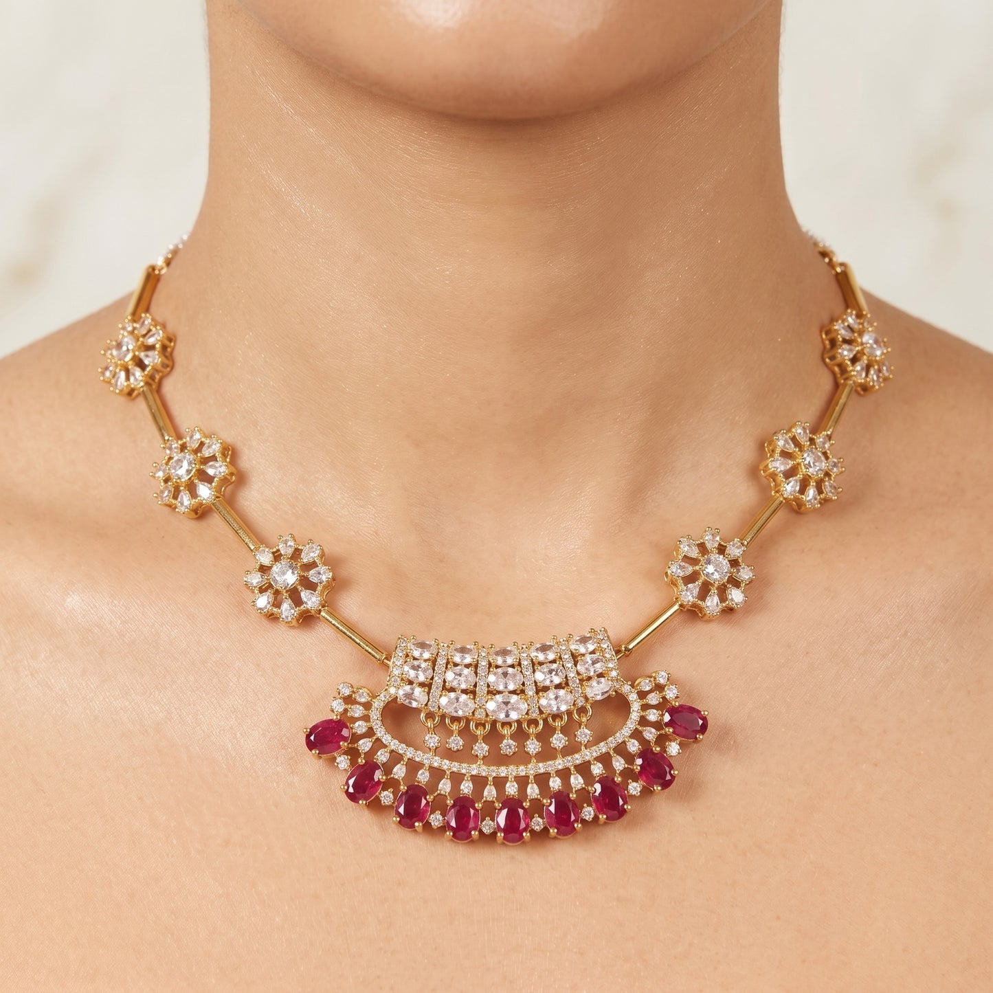 Ruby Bloom Elegance Necklace – Red Floral Statement Jewelry for Weddings & Parties