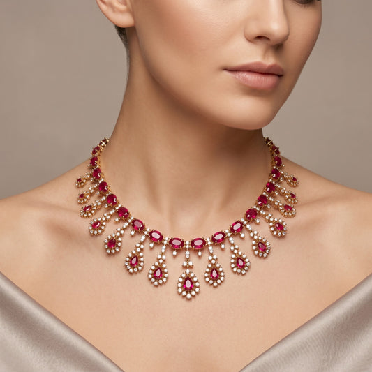 Ruby Cascade Elegance Necklace – Royal Red Statement Jewelry for Weddings & Festive Wear