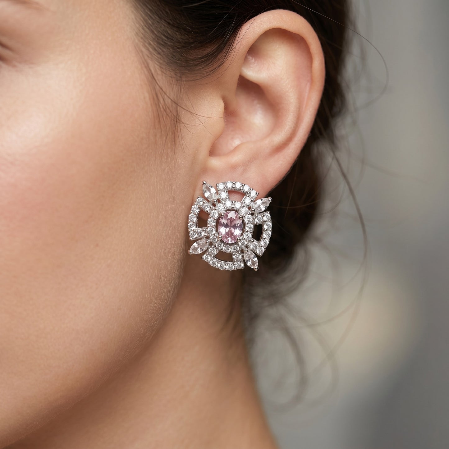 Cute Pink Stone Silver Stud Earrings – Stylish Minimal Earrings for Women