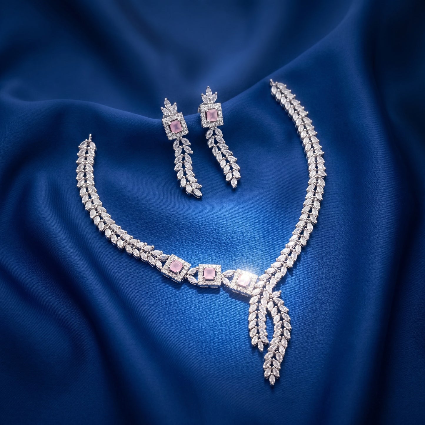 Blush Crystal Vine Necklace Set – Floral Pink Bridal Jewelry for Weddings & Festive Wear