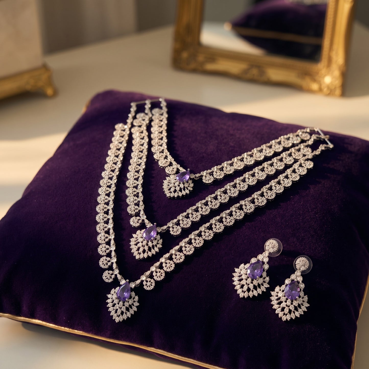 Royal Amethyst Layered Necklace Set – Elegant Purple Bridal Jewelry for Weddings & Festive Wear