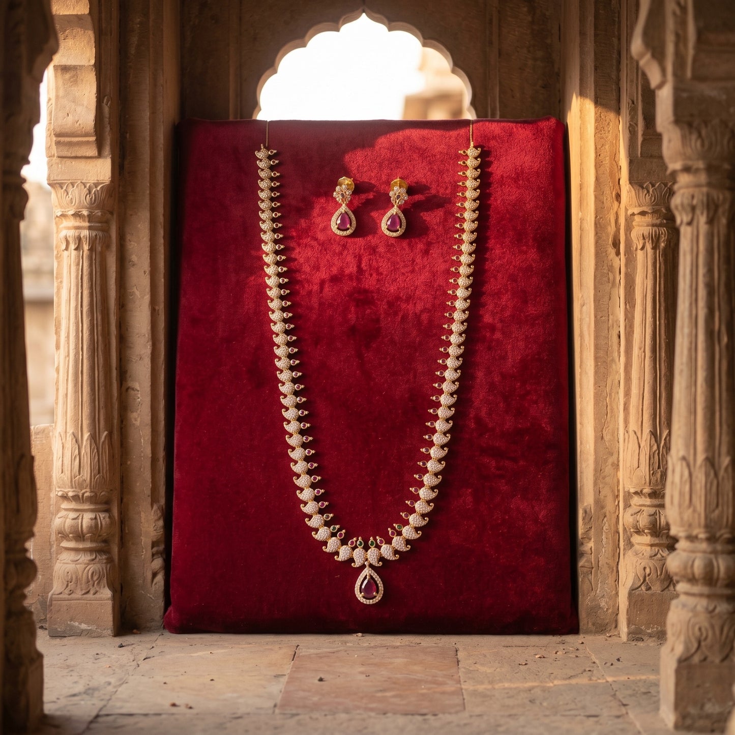 Ruby Radiance Layered Necklace Set – Elegant Red Bridal Jewelry for Weddings & Festive Wear