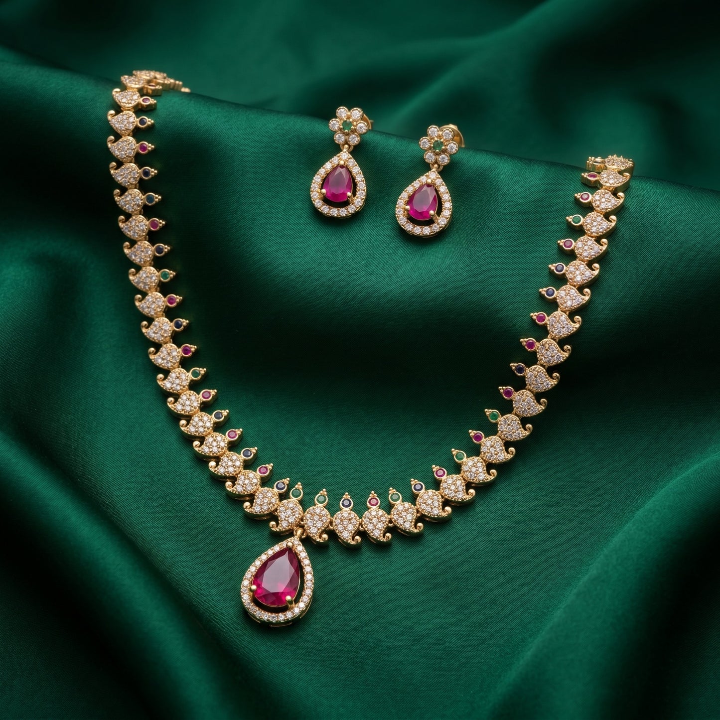 Ruby Radiance Layered Necklace Set – Elegant Red Bridal Jewelry for Weddings & Festive Wear