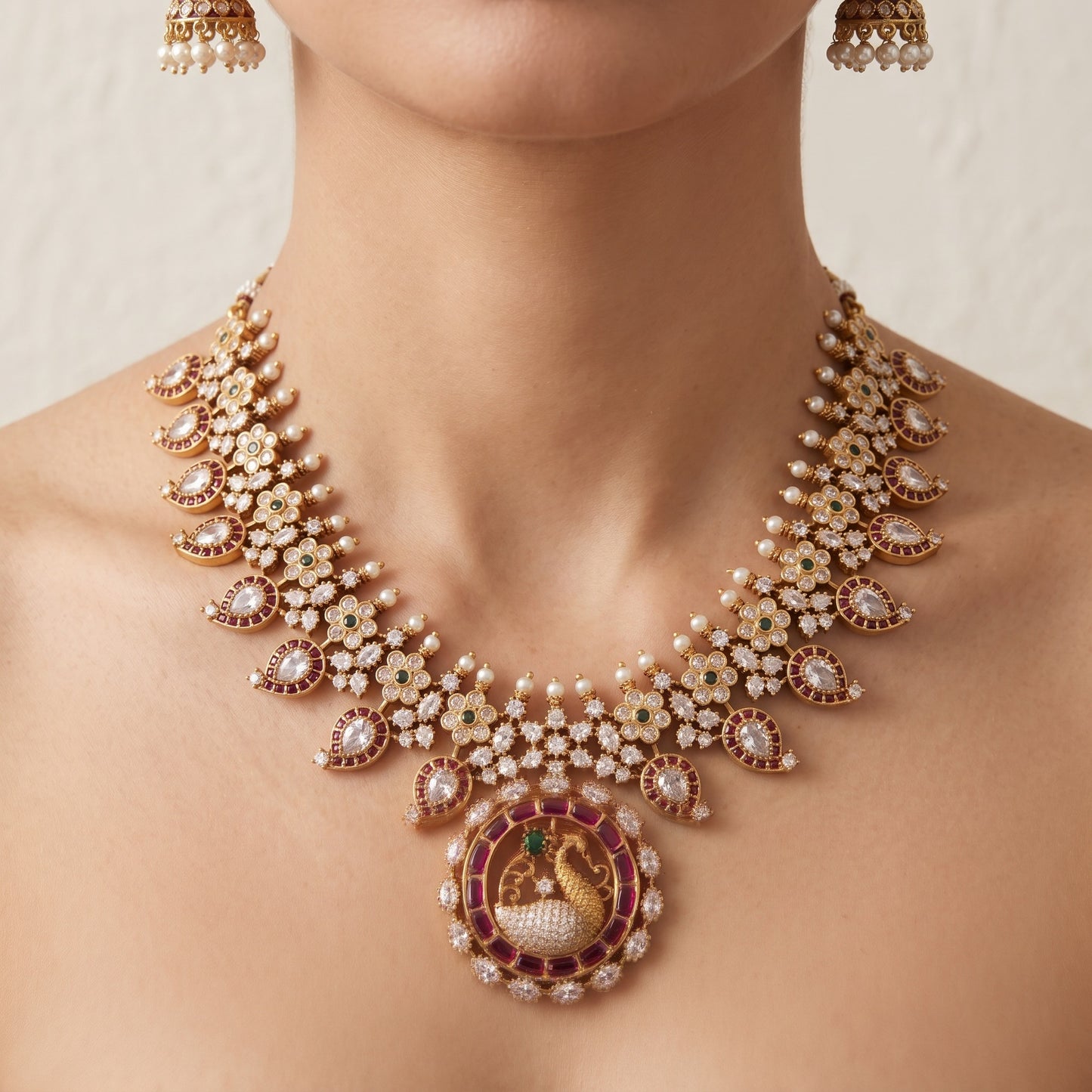 Royal Peacock Heritage Necklace Set – Antique Gold Bridal Jewelry with Pearl & Stone Work