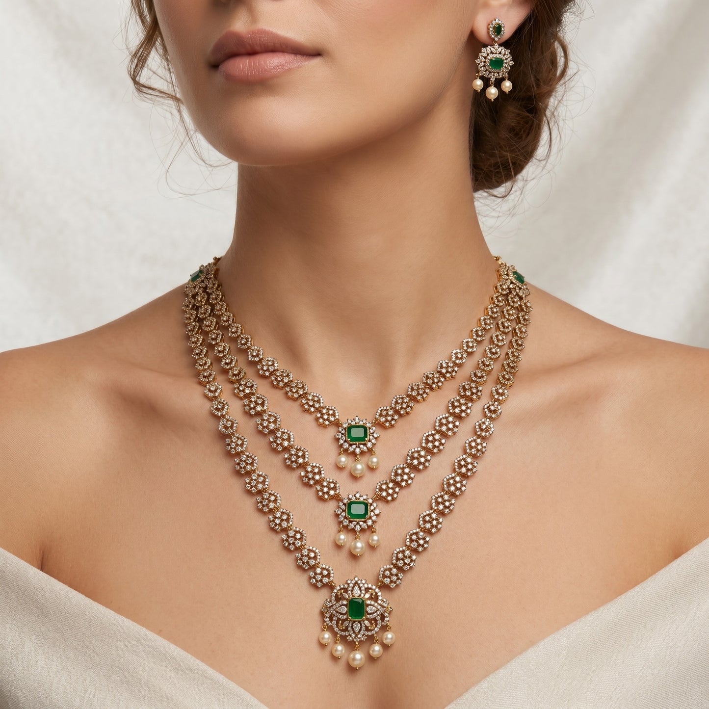 Emerald Grace Layered Necklace Set – Elegant Green Bridal Jewelry for Weddings & Parties