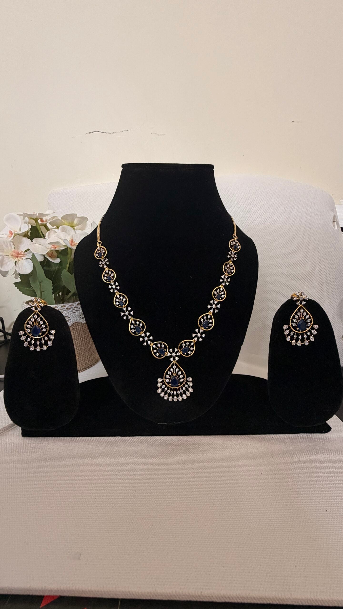 Blue Teardrop Crystal Necklace Set with Matching Earrings for Women