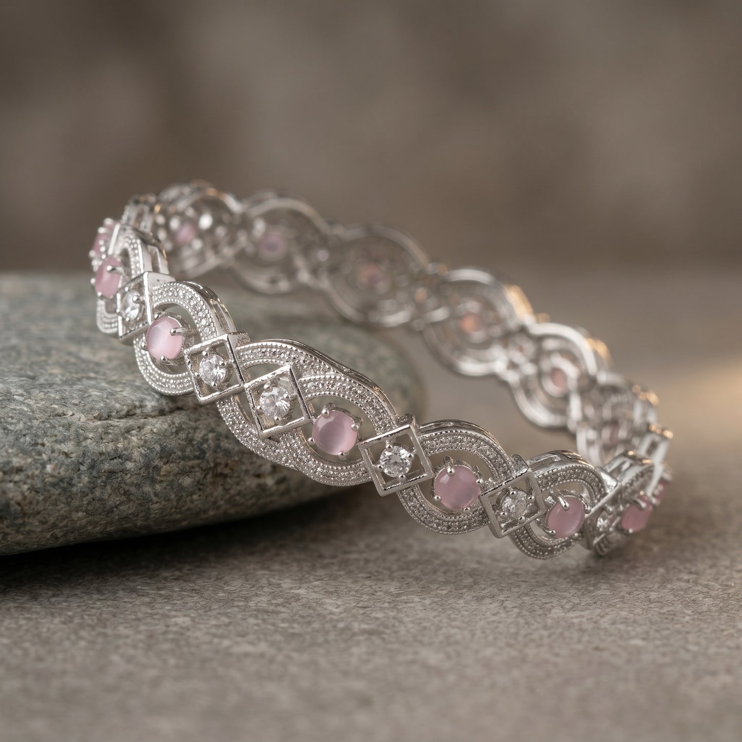 Pink Crystal Glow Floral Flowy Bangle Set for Women | Festive & Wedding Jewelry