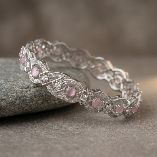 Pink Crystal Glow Floral Flowy Bangle Set for Women | Festive & Wedding Jewelry