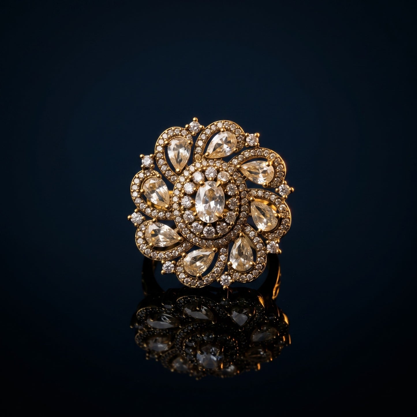 Antique Gold Crystal Floral Ring – Elegant Vintage Statement Jewelry for Women
