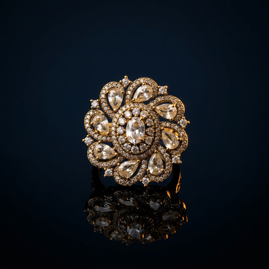 Antique Gold Crystal Floral Ring – Elegant Vintage Statement Jewelry for Women