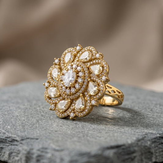 Antique Gold Crystal Floral Ring – Elegant Vintage Statement Jewelry for Women
