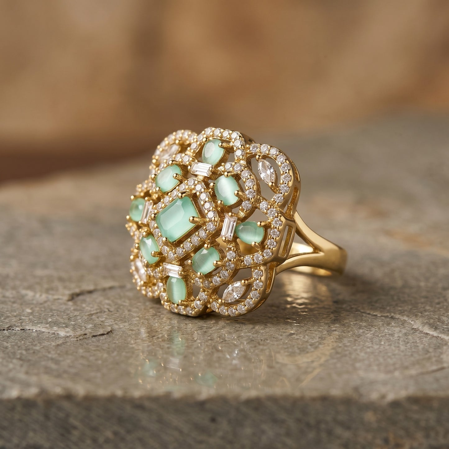 Elegant Green Stone Floral Statement Ring for Women | Antique Style Jewelry
