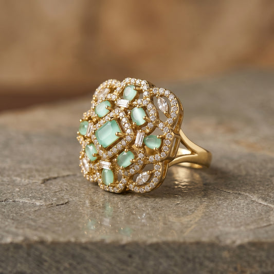 Elegant Green Stone Floral Statement Ring for Women | Antique Style Jewelry