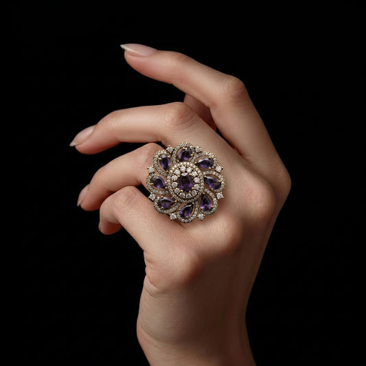 Antique Floral Purple Stone Ring – Elegant Vintage Statement Jewelry for Women