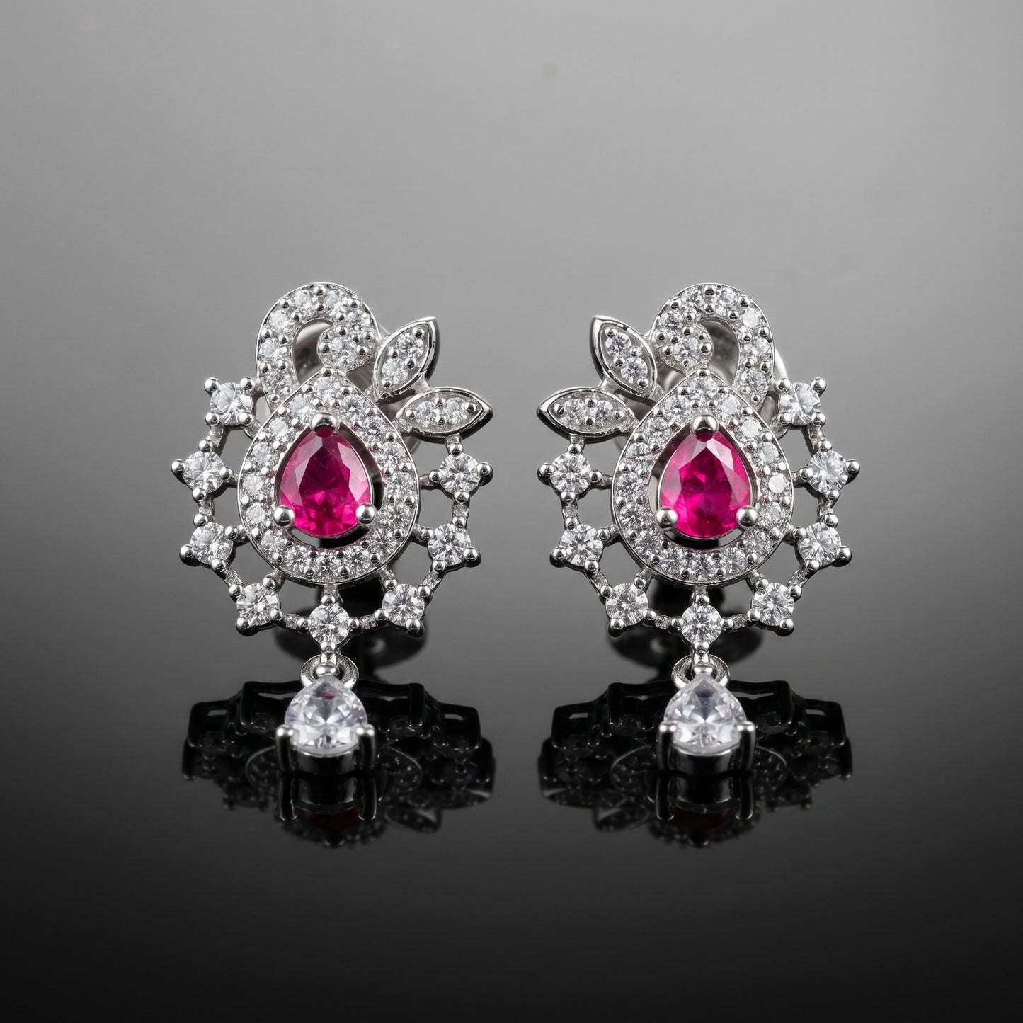 Attractive Red Silver Stud with Single Drop Earrings for Women | Elegant Minimal Jewelry