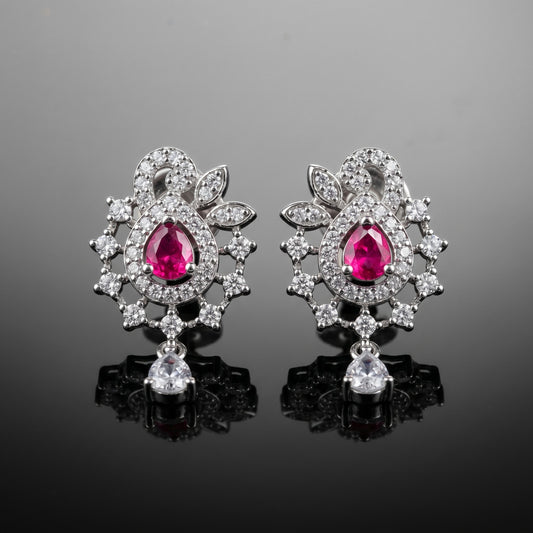 Attractive Red Silver Stud with Single Drop Earrings for Women | Elegant Minimal Jewelry