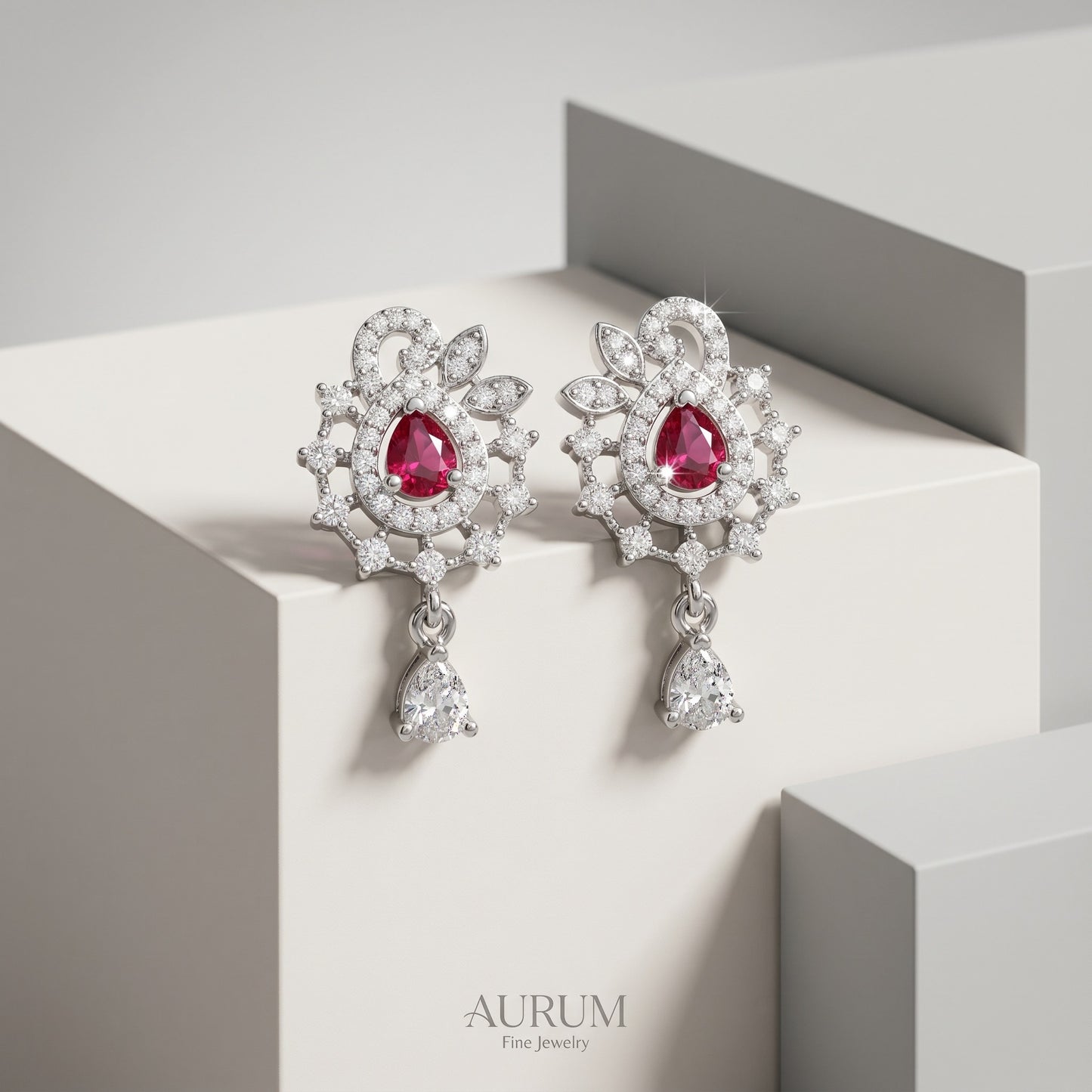 Attractive Red Silver Stud with Single Drop Earrings for Women | Elegant Minimal Jewelry