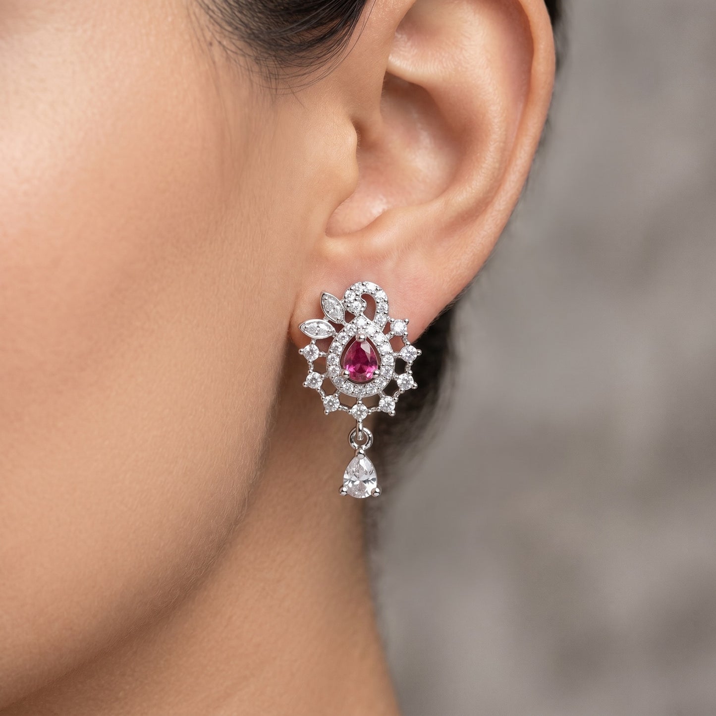 Attractive Red Silver Stud with Single Drop Earrings for Women | Elegant Minimal Jewelry