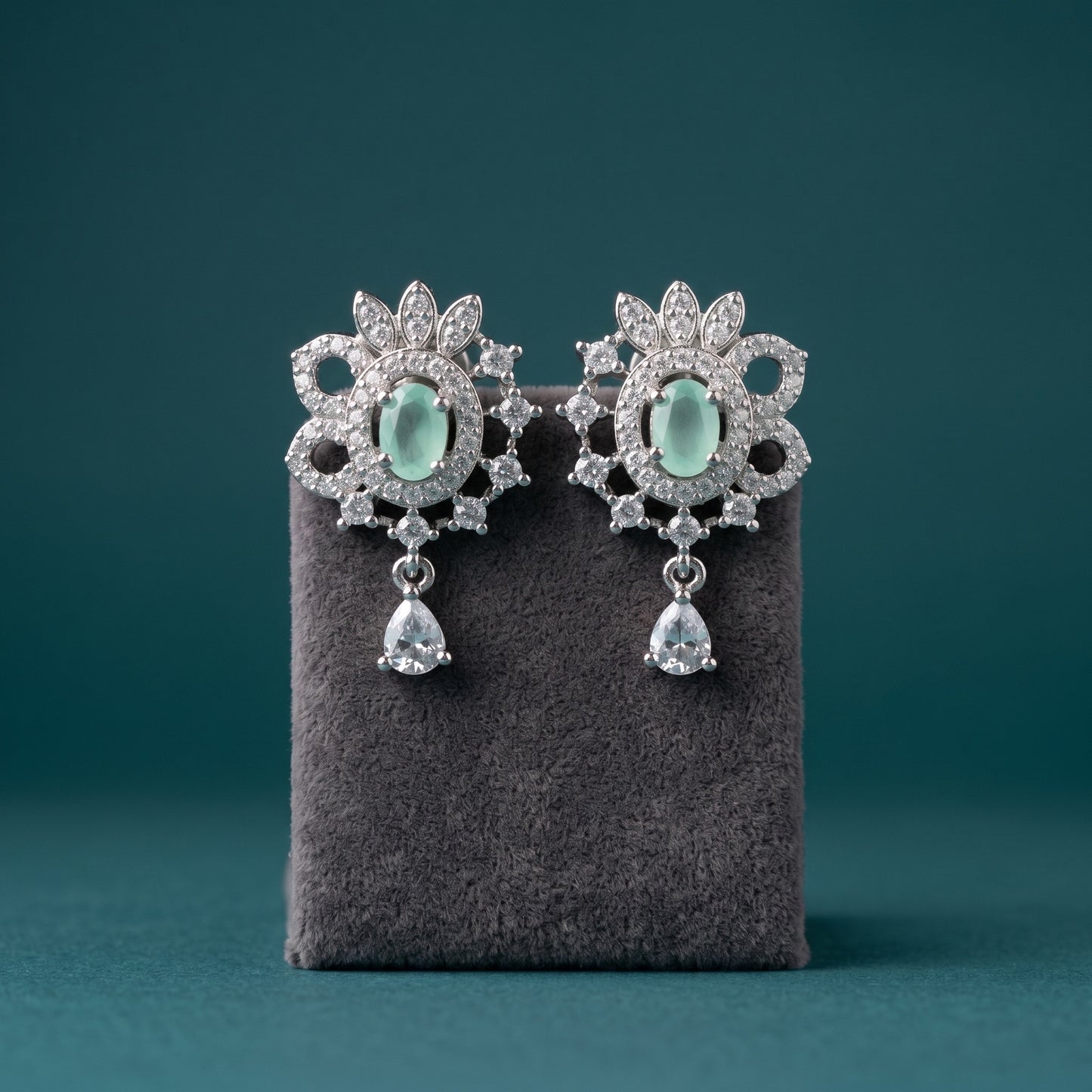 Mint Green Silver Stud with Single Drop Earrings for Women | Elegant Minimal Jewelry