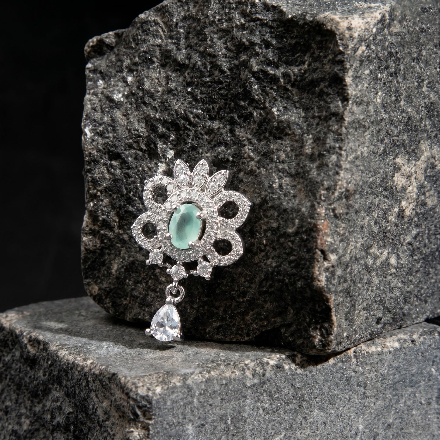 Mint Green Silver Stud with Single Drop Earrings for Women | Elegant Minimal Jewelry