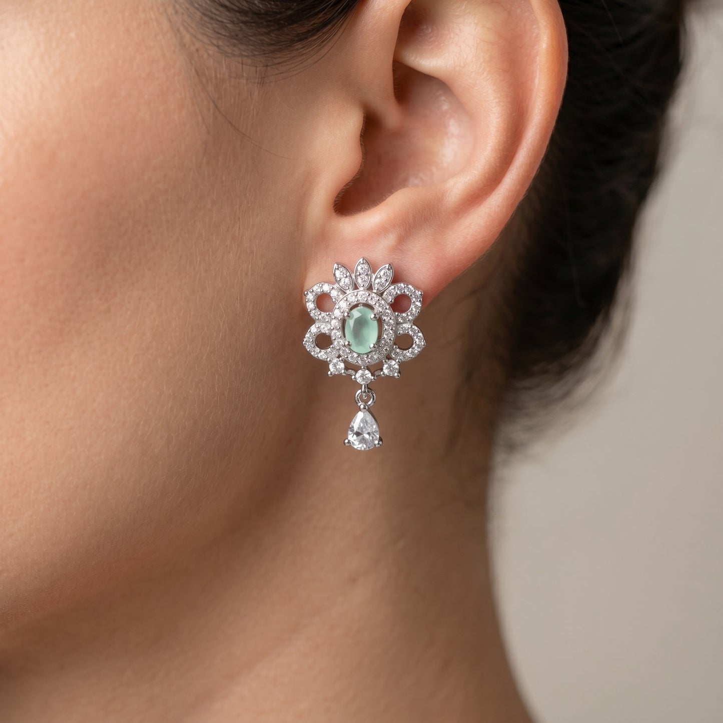 Mint Green Silver Stud with Single Drop Earrings for Women | Elegant Minimal Jewelry